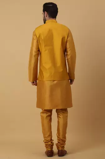 Men's Yellow Kurta and Churidar With Jacquard Ethnic Nehru Jacket