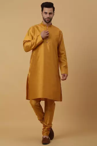 Men's Yellow Kurta and Churidar With Jacquard Ethnic Nehru Jacket