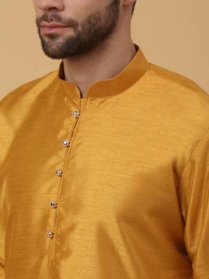 Men's Yellow Kurta and Churidar With Jacquard Ethnic Nehru Jacket 5