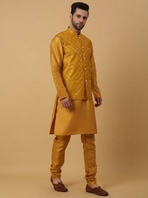 Men's Yellow Kurta and Churidar With Jacquard Ethnic Nehru Jacket 6