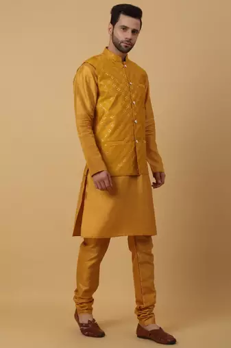 Men's Yellow Kurta and Churidar With Jacquard Ethnic Nehru Jacket