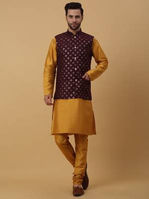 Men's Gold Kurta and Churidar With Jacquard Ethnic Nehru Jacket 1