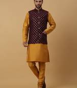 Men's Gold Kurta and Churidar With Jacquard Ethnic Nehru Jacket