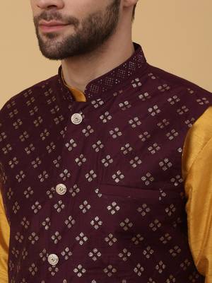 Men's Gold Kurta and Churidar With Jacquard Ethnic Nehru Jacket 2