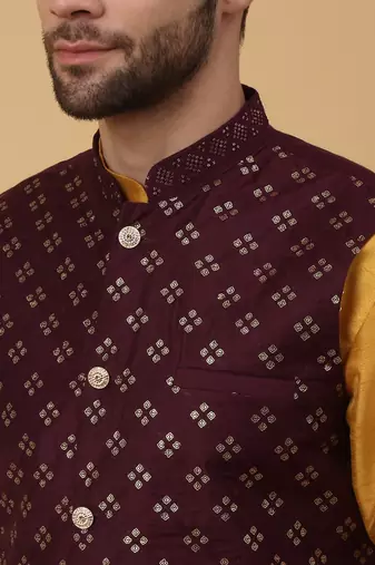 Men's Gold Kurta and Churidar With Jacquard Ethnic Nehru Jacket