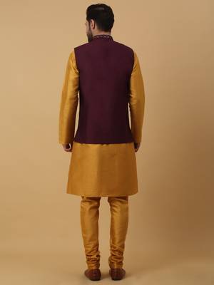 Men's Gold Kurta and Churidar With Jacquard Ethnic Nehru Jacket 3