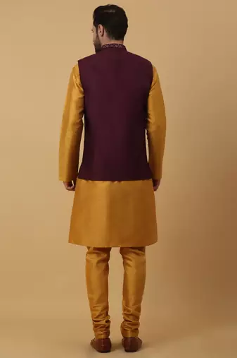 Men's Gold Kurta and Churidar With Jacquard Ethnic Nehru Jacket