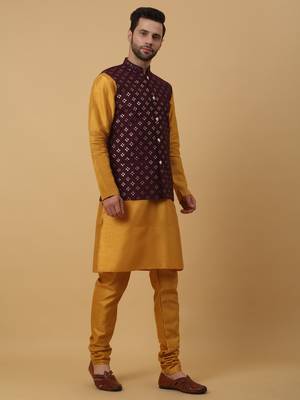 Men's Gold Kurta and Churidar With Jacquard Ethnic Nehru Jacket 6