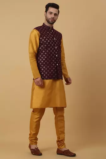 Men's Gold Kurta and Churidar With Jacquard Ethnic Nehru Jacket