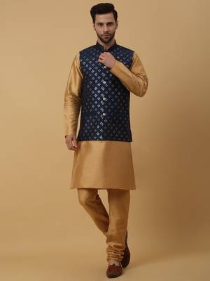 Men's Beige Kurta and Churidar With Jacquard Floral Nehru Jacket 1