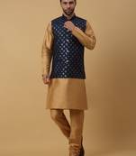 Men's Beige Kurta and Churidar With Jacquard Floral Nehru Jacket