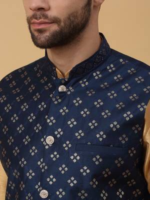 Men's Beige Kurta and Churidar With Jacquard Floral Nehru Jacket 2