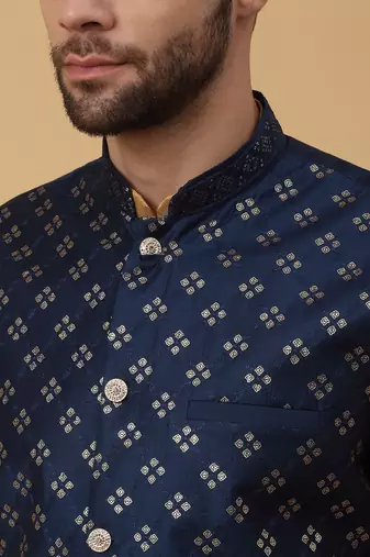Men's Beige Kurta and Churidar With Jacquard Floral Nehru Jacket