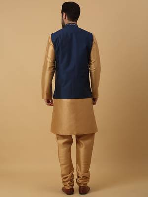 Men's Beige Kurta and Churidar With Jacquard Floral Nehru Jacket 3