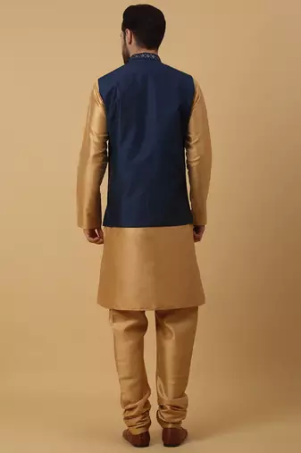 Men's Beige Kurta and Churidar With Jacquard Floral Nehru Jacket