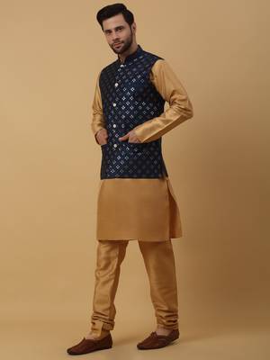 Men's Beige Kurta and Churidar With Jacquard Floral Nehru Jacket 6