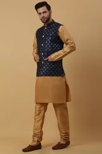 Men's Beige Kurta and Churidar With Jacquard Floral Nehru Jacket
