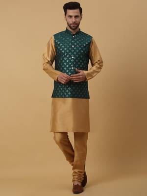 Men's Beige Kurta and Churidar With Jacquard Floral Nehru Jacket 1
