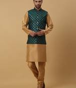 Men's Beige Kurta and Churidar With Jacquard Floral Nehru Jacket