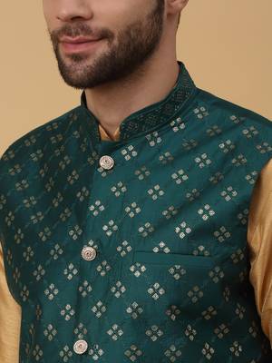 Men's Beige Kurta and Churidar With Jacquard Floral Nehru Jacket 2