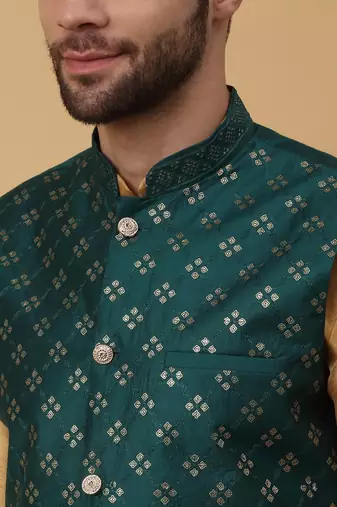 Men's Beige Kurta and Churidar With Jacquard Floral Nehru Jacket