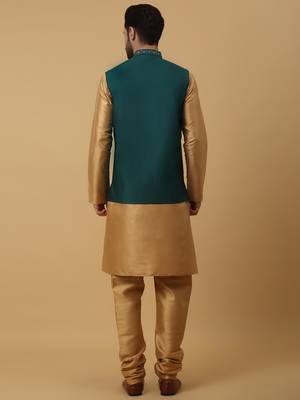 Men's Beige Kurta and Churidar With Jacquard Floral Nehru Jacket 3