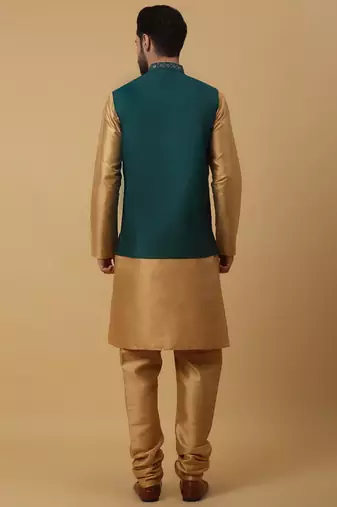 Men's Beige Kurta and Churidar With Jacquard Floral Nehru Jacket