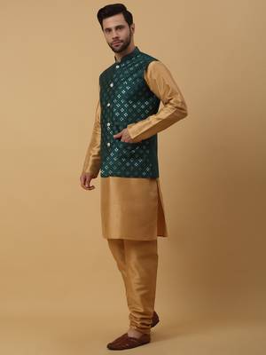 Men's Beige Kurta and Churidar With Jacquard Floral Nehru Jacket 6