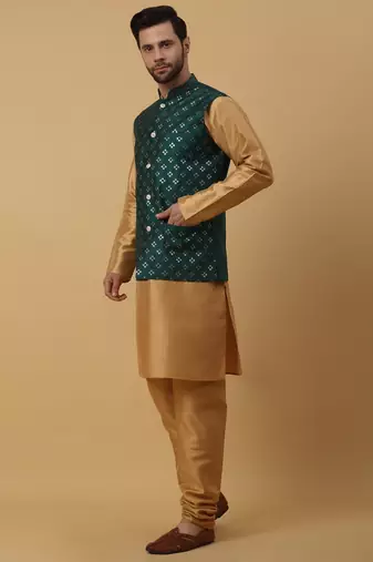 Men's Beige Kurta and Churidar With Jacquard Floral Nehru Jacket