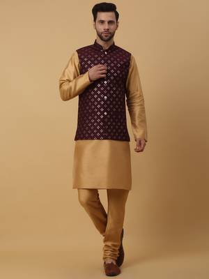 Men's Beige Kurta and Churidar With Jacquard Floral Nehru Jacket 1