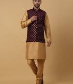 Men's Beige Kurta and Churidar With Jacquard Floral Nehru Jacket
