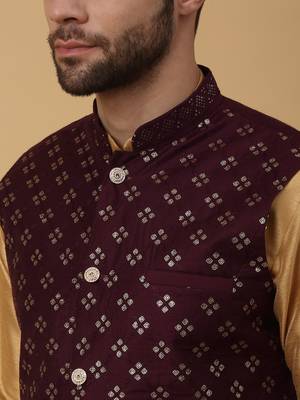 Men's Beige Kurta and Churidar With Jacquard Floral Nehru Jacket 2
