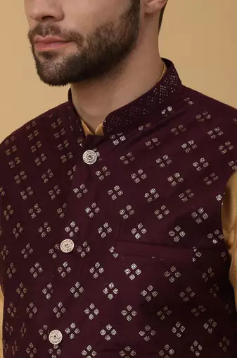 Men's Beige Kurta and Churidar With Jacquard Floral Nehru Jacket