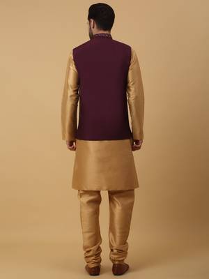 Men's Beige Kurta and Churidar With Jacquard Floral Nehru Jacket 3