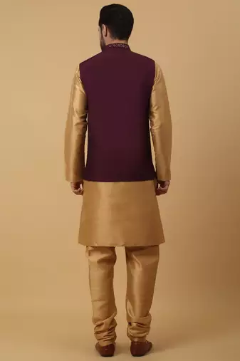 Men's Beige Kurta and Churidar With Jacquard Floral Nehru Jacket