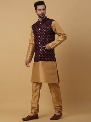 Men's Beige Kurta and Churidar With Jacquard Floral Nehru Jacket 6