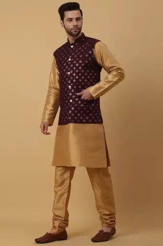 Men's Beige Kurta and Churidar With Jacquard Floral Nehru Jacket