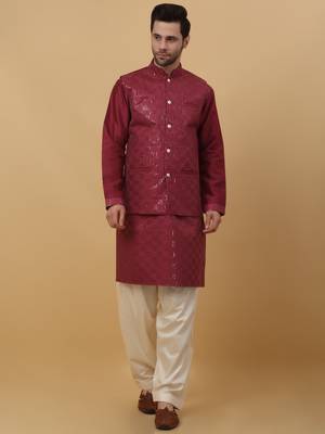 Men's maroon Kurta and Churidar With Jacquard Floral Nehru Jacket 1