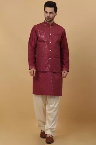 Men's maroon Kurta and Churidar With Jacquard Floral Nehru Jacket