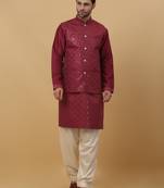 Men's maroon Kurta and Churidar With Jacquard Floral Nehru Jacket