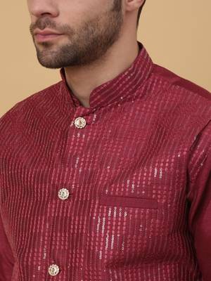 Men's maroon Kurta and Churidar With Jacquard Floral Nehru Jacket 2