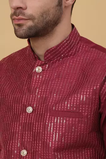 Men's maroon Kurta and Churidar With Jacquard Floral Nehru Jacket