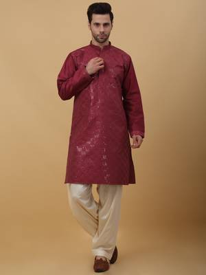 Men's maroon Kurta and Churidar With Jacquard Floral Nehru Jacket 4