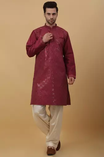 Men's maroon Kurta and Churidar With Jacquard Floral Nehru Jacket