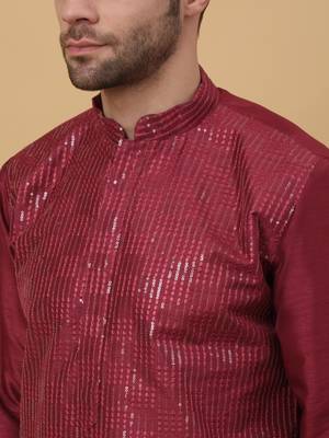 Men's maroon Kurta and Churidar With Jacquard Floral Nehru Jacket 5