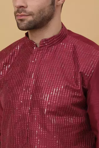 Men's maroon Kurta and Churidar With Jacquard Floral Nehru Jacket