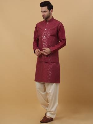 Men's maroon Kurta and Churidar With Jacquard Floral Nehru Jacket 6