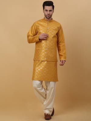 Men's Yellow Kurta and Churidar With Jacquard Floral Nehru Jacket 1