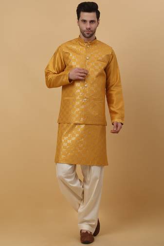 Men's Yellow Kurta and Churidar With Jacquard Floral Nehru Jacket