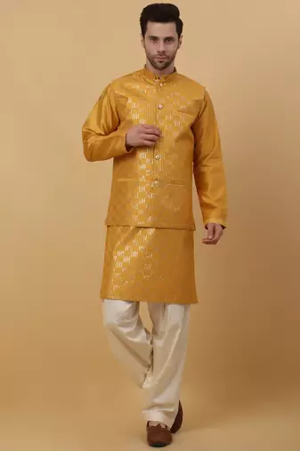 Men's Yellow Kurta and Churidar With Jacquard Floral Nehru Jacket